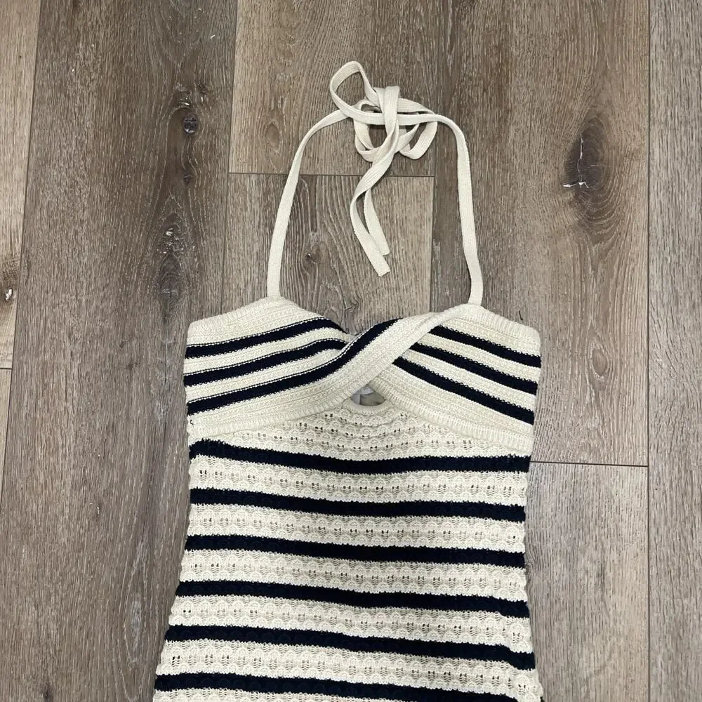 House of Harlow 1960 Tan Black Stripe Crochet Halter Midi Dress Size Small Boho - Picture 2 of 13